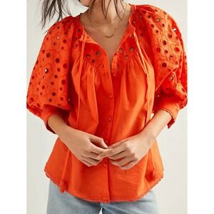 Anthropologie Chantal Blouse Lace Top Women  M Orange Eyelet Puff Sleeve Cotton